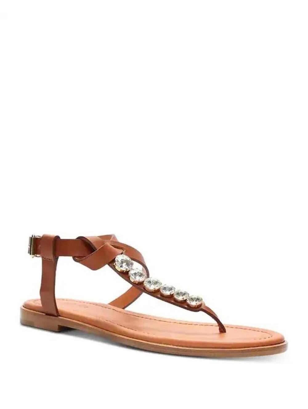 590$ Giambattista Valli Crystal Embellished Leather Flat Sandals Size 7 Brown